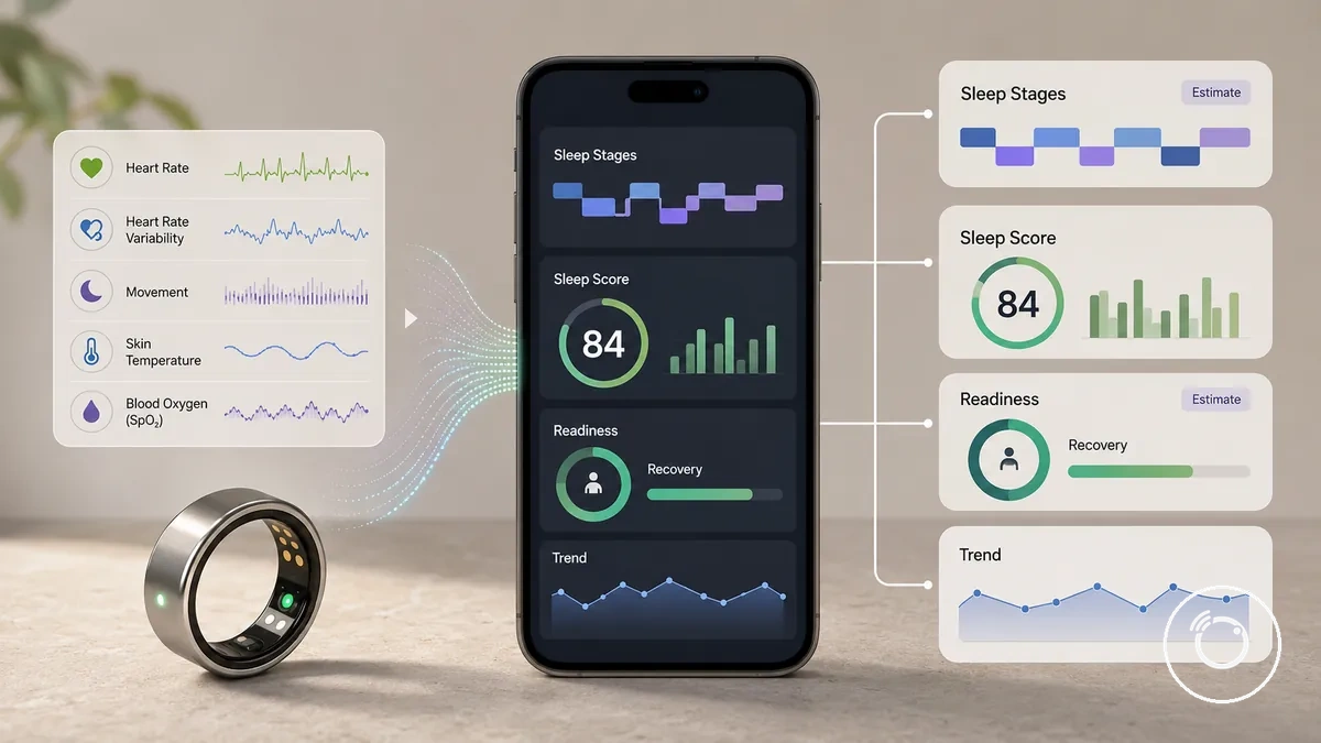 Ejemplo simplificado de puntuación de sueño y preparación del seguimiento con anillo inteligente de fitness