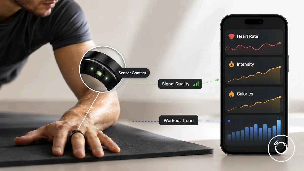 App de anillo inteligente de fitness mostrando frecuencia cardíaca, intensidad y estimación de calorías durante el ejercicio
