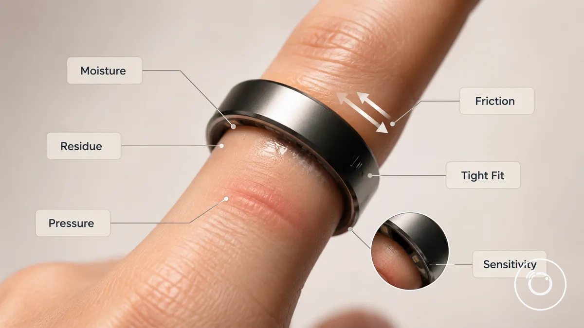 Anillo inteligente anotado en un dedo que muestra causas comunes de irritación como humedad, presión y fricción