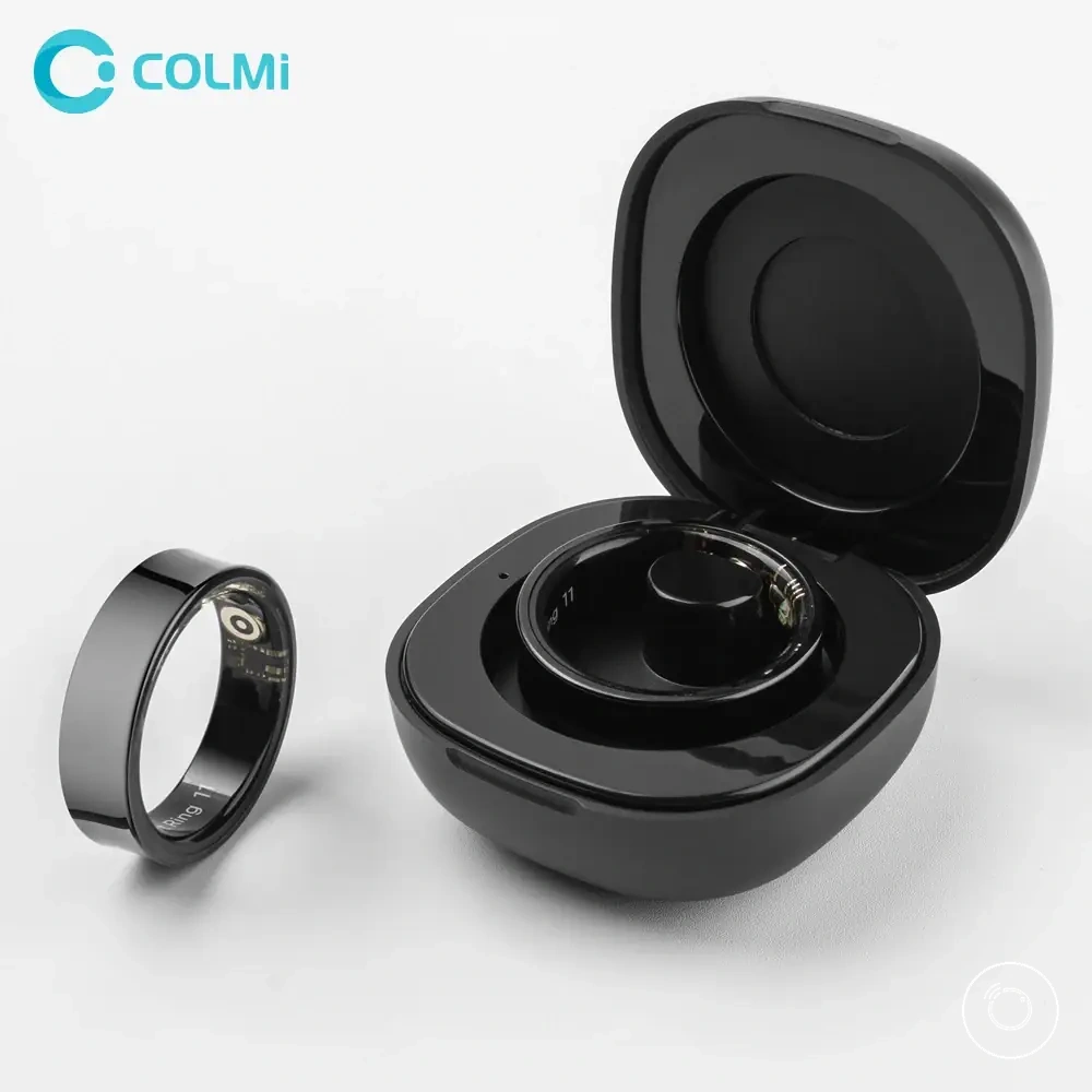 Bague connectée R09 avec boîtier de charge, suivi santé et sommeil, température cutanée et description d’autonomie longue