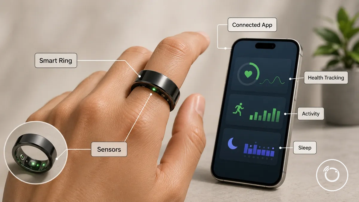 Bague connectée fitness illustrée avec la zone des capteurs et l'application connectée