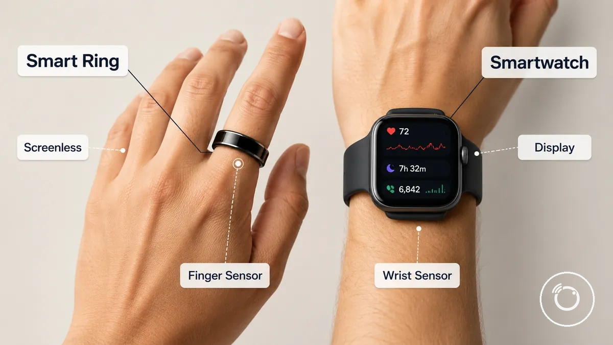 Bague connectée et montre connectée comparées par la forme, l’interface et la position de suivi