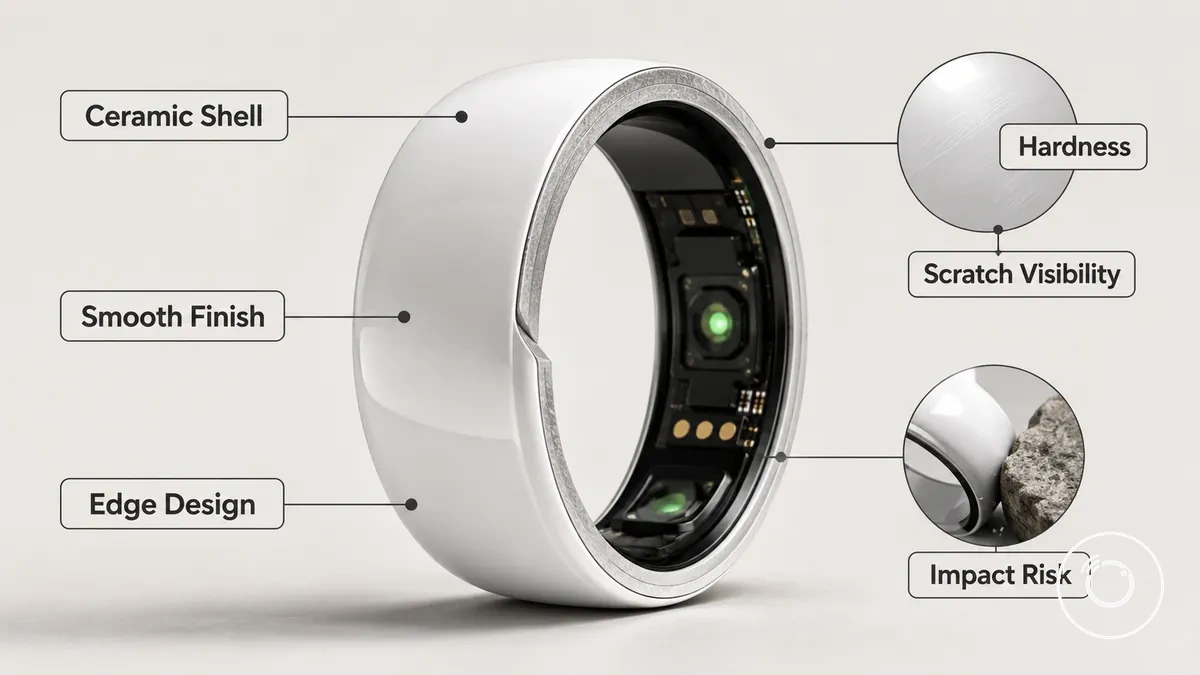 Coque de bague connectée en céramique montrant la finition lisse et les zones de contact sur les bords