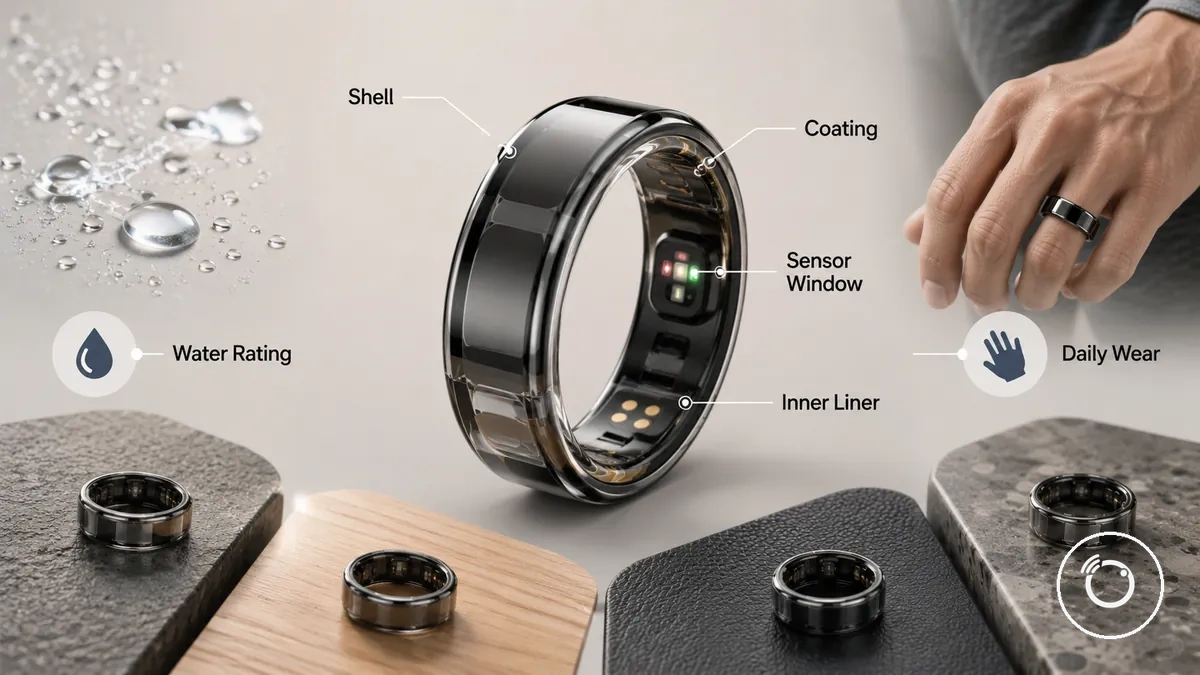 Parties de la bague connectée fitness qui affectent la durabilité, dont la coque, la finition, la surface intérieure et la fenêtre du capteur