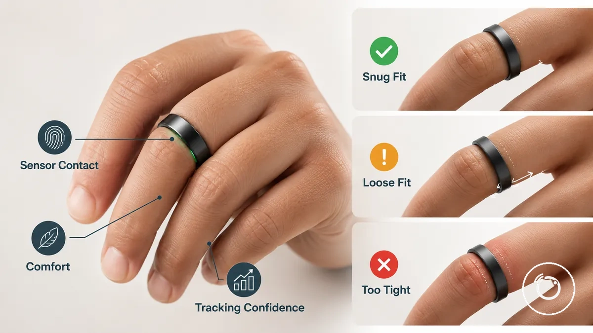 Graphique de comparaison montrant les conditions d'ajustement d'une bague connectée fitness sur un doigt avec un exemple de taille