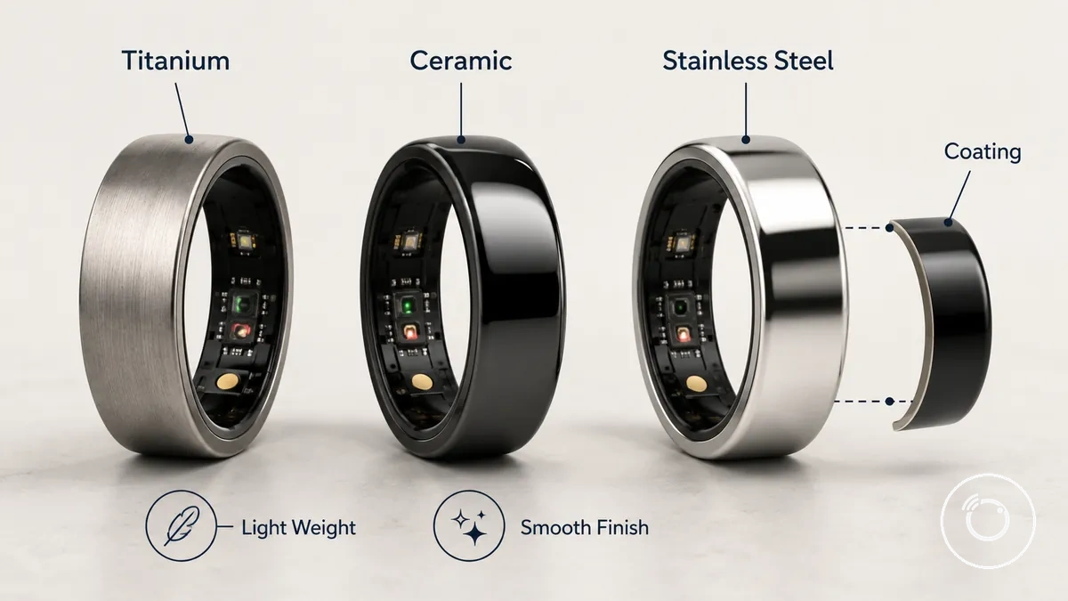 Comparaison des finitions de matériaux de bague connectée fitness, incluant des exemples de coques métalliques, céramiques et revêtues
