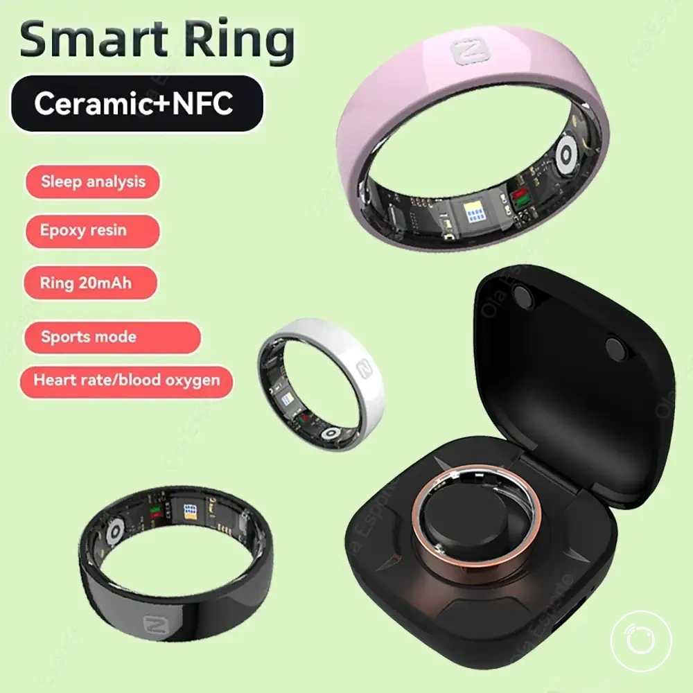 Anel inteligente fitness de cerâmica com NFC, rastreamento do sono, frequência cardíaca, pressão arterial e estojo de carga