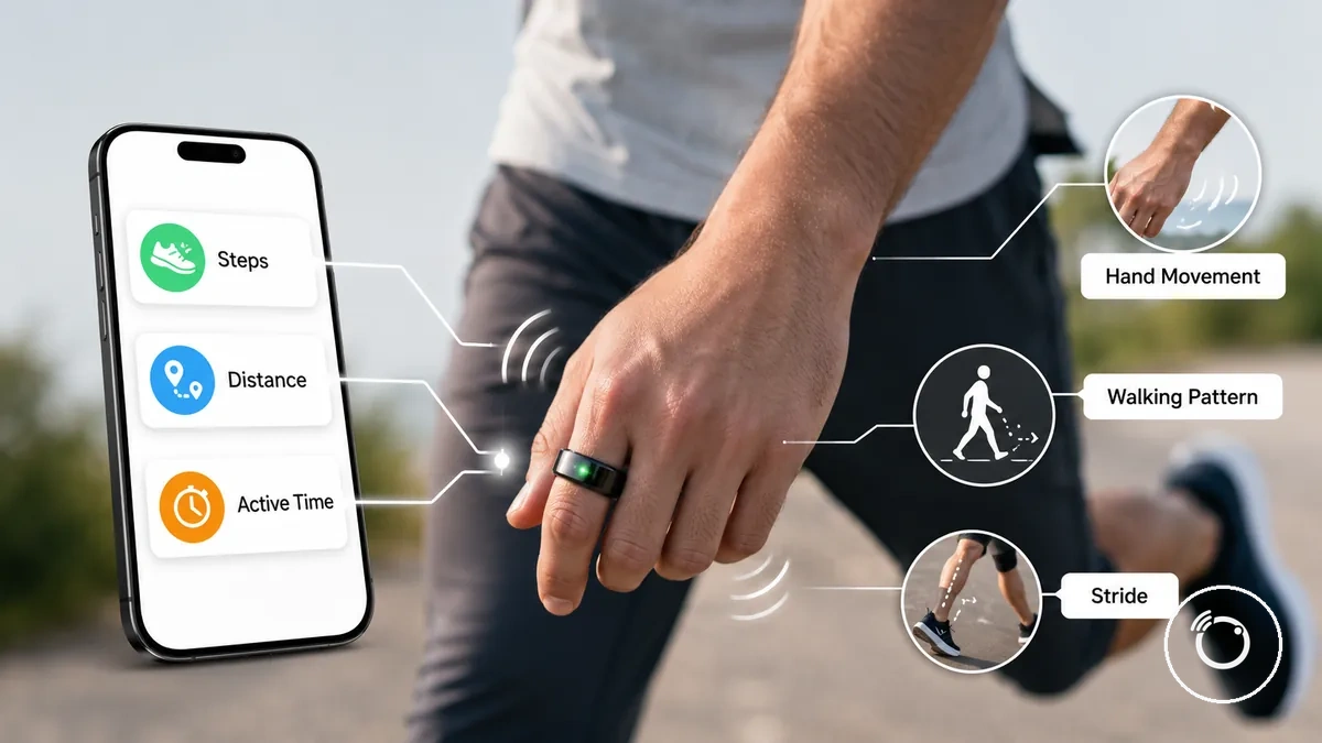 Aplicativo de anel inteligente fitness exibindo passos, distância e tempo ativo durante atividade diária