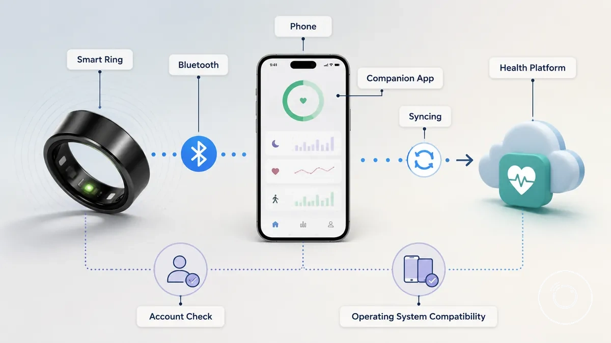Diagrama mostrando um anel inteligente fitness conectado por Bluetooth a um aplicativo de celular e plataforma de saúde