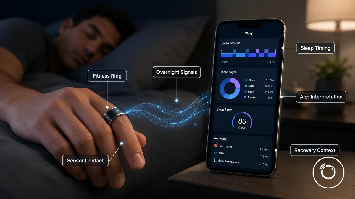 Diagrama mostrando como um anel inteligente fitness transforma sinais noturnos em métricas de monitoramento do sono