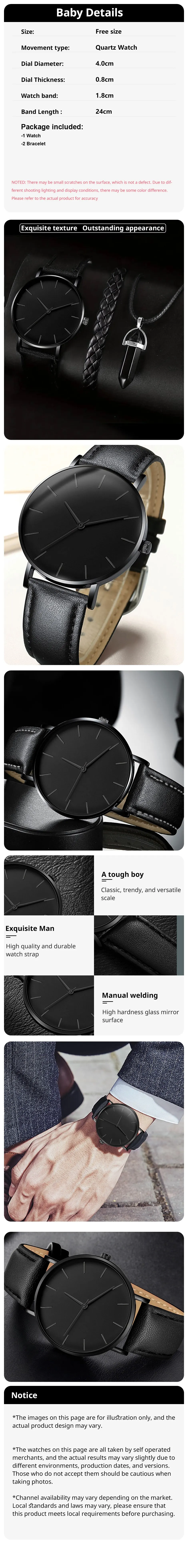 Montre à quartz à ceinture ronde simple pour homme, bracelet tissé, collier BLOSet, 3 pièces