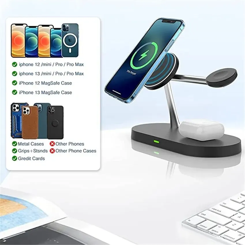 Station De Charge Sans Fil Magnétique 3-en-1 Pliable HH-Tech - Pour IPhone, Apple Watch, AirPods - Inclut Adaptateur 50W (25W+25W)